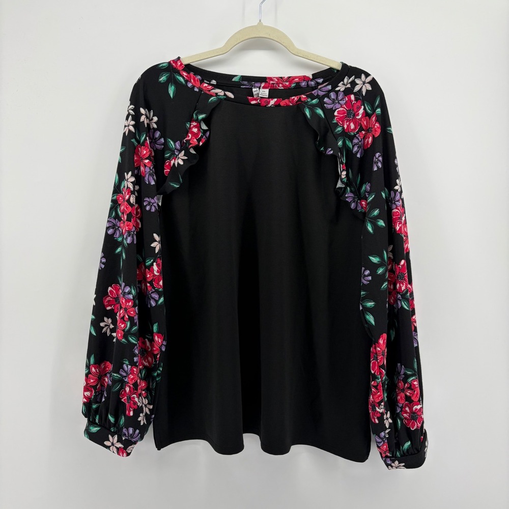 ELLE Womens XXL Black Floral Raglan Sleeve Ruffle Trim Knit Top